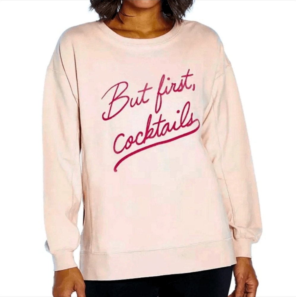 NWOT WILDFOX But First, Cocktails Pink Pullover Crewneck Statement Sweatshirt M